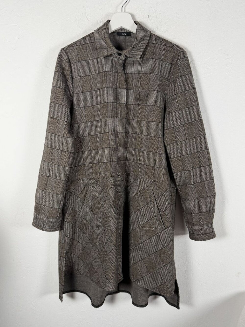 Ruti Womens Plaid Long-Sleeve Tunic Dress Jacket Coat S/M Brown Gray Stretch